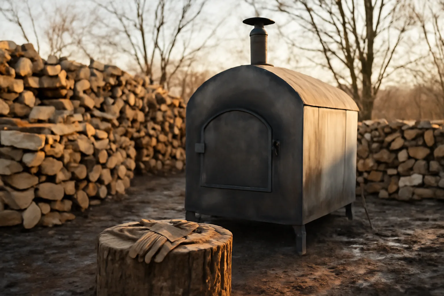 Metal kiln beside stacked kiln firewood in an autumn farmyard
