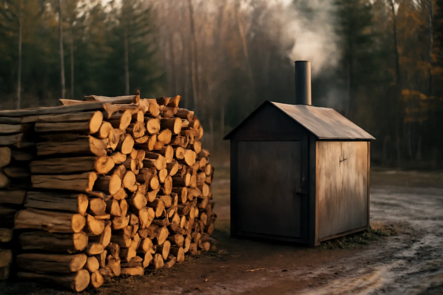 Split kiln firewood cooling beside a metal chamber on gravel