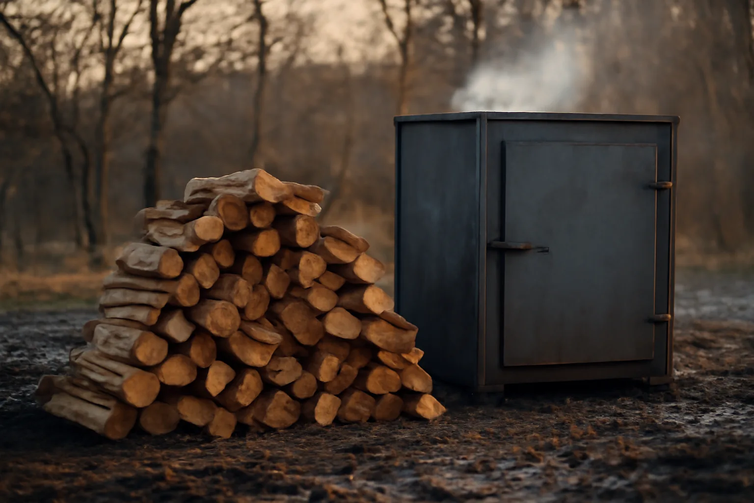 Kiln firewood splits stacked beside a steel container kiln