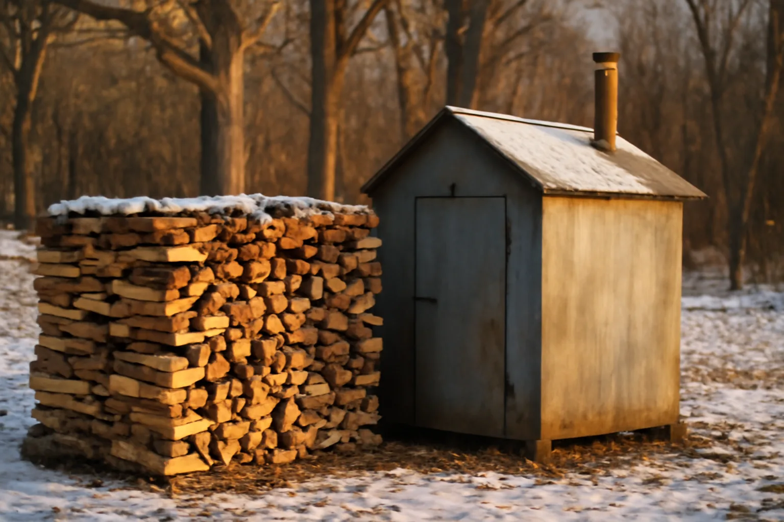 Split oak stacked by a metal kiln in a snowy Connecticut woodlot