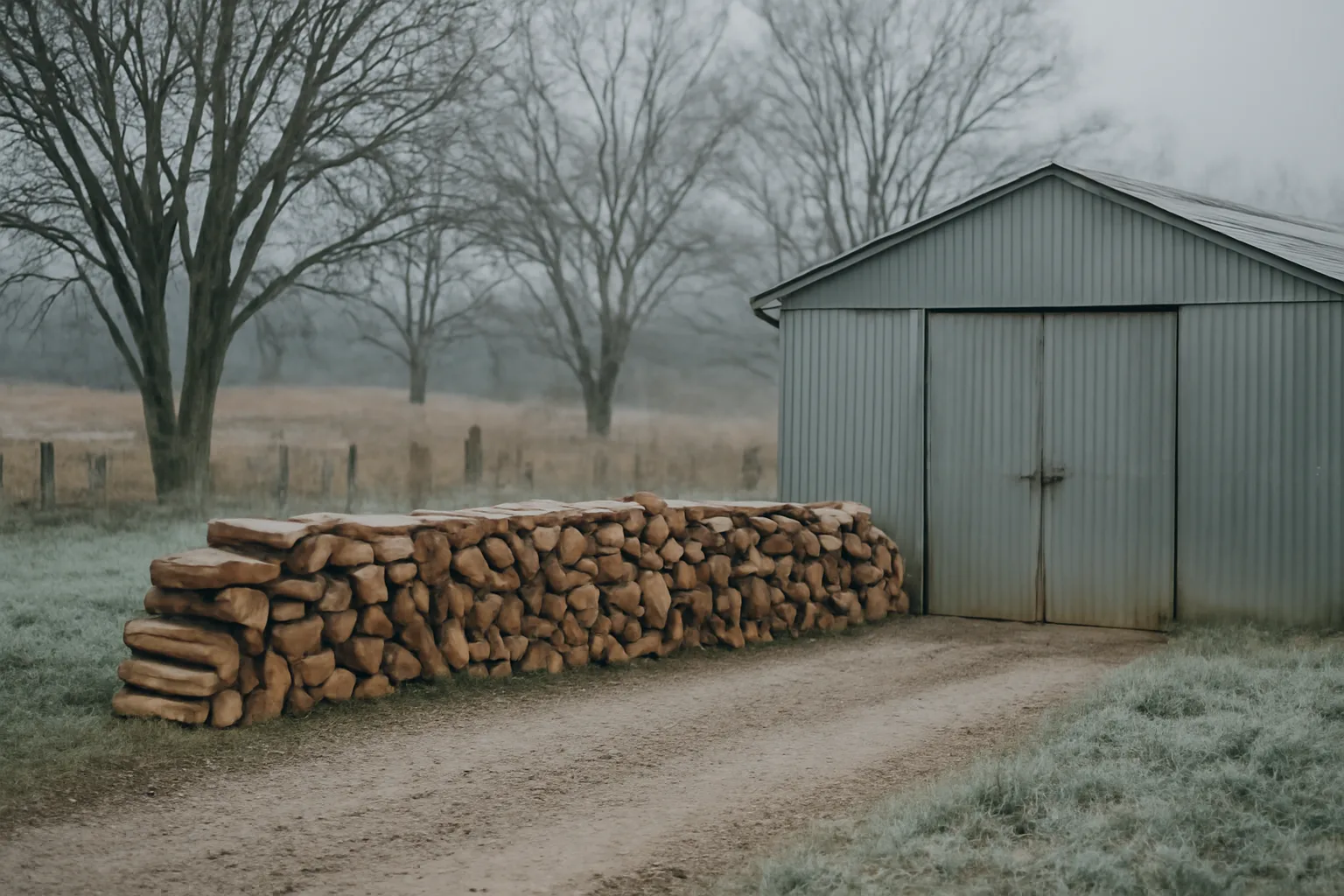 Split hardwood stacked beside a metal kiln on rural Iowa ground