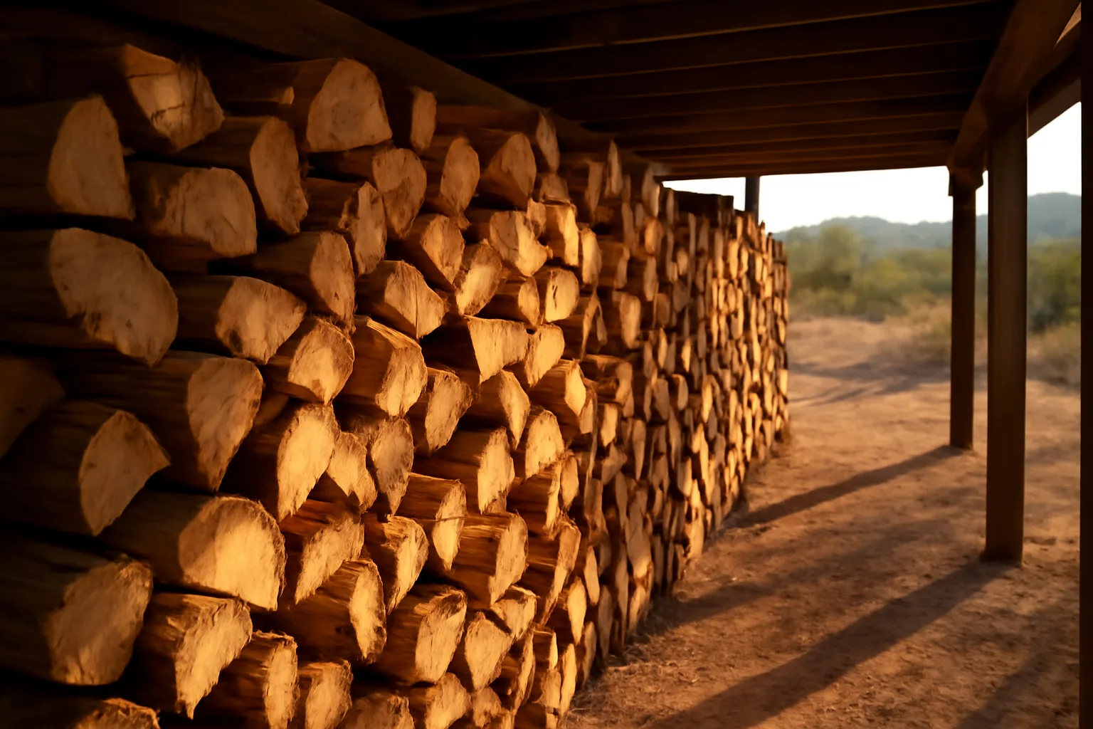 Stacked kiln-dried mesquite firewood in an Arizona desert drying shed at sunset