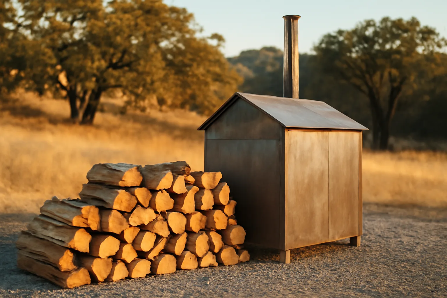 Stacked California kiln firewood beside a metal kiln at dusk