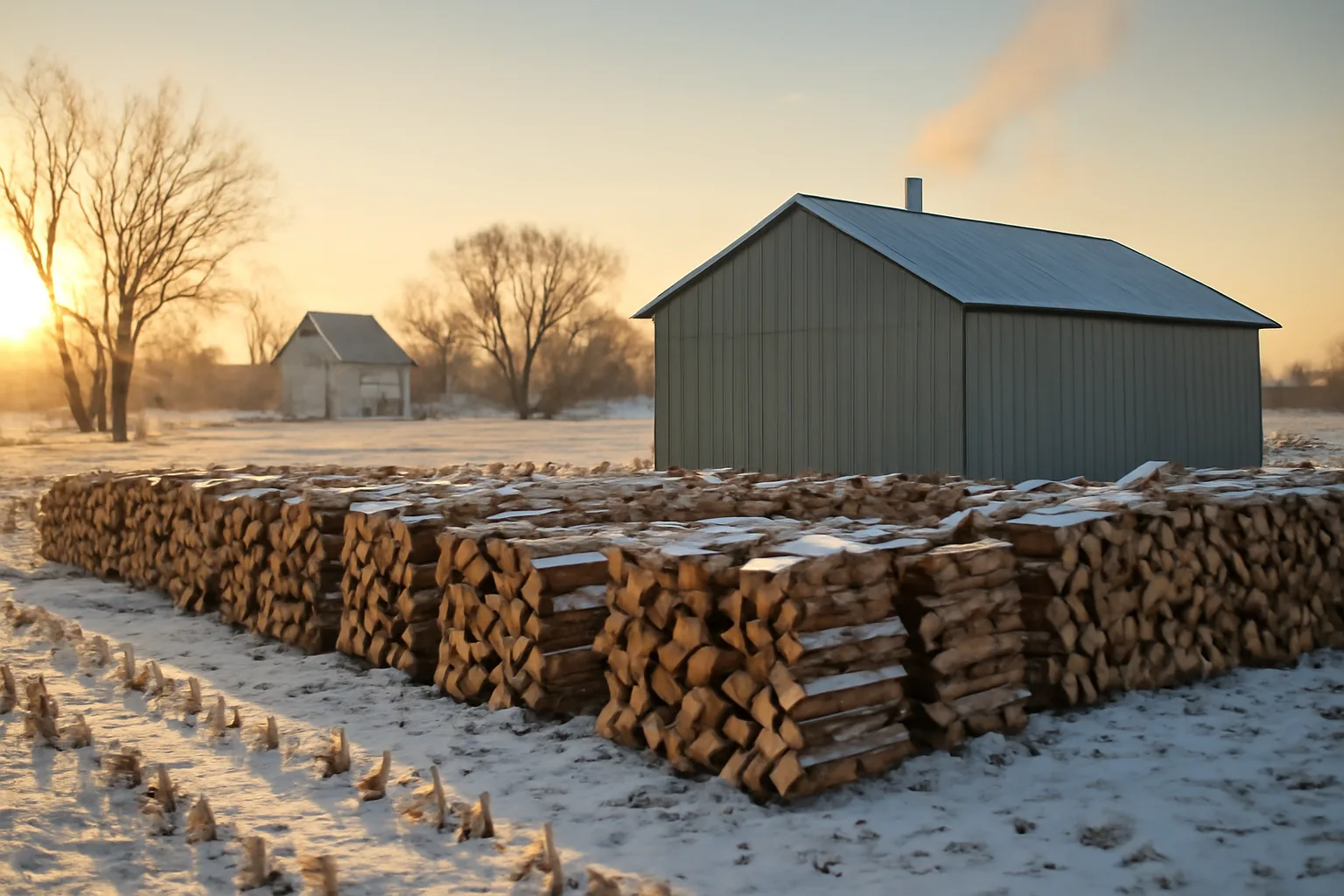 Kiln firewood stacked beside a metal shed on a snowy Iowa farm