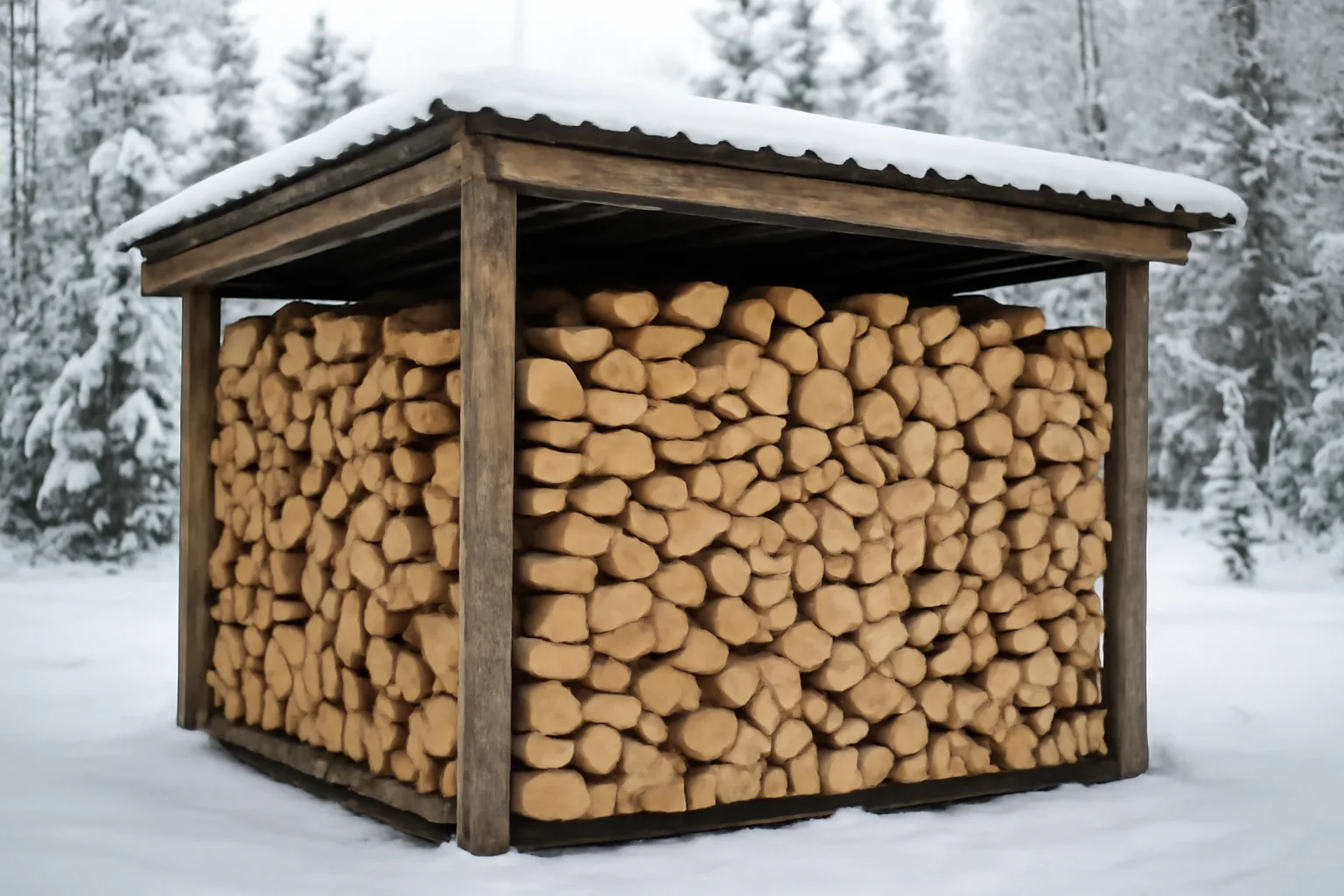 Stacked split birch kiln firewood cords under a metal shelter in Alaska winter