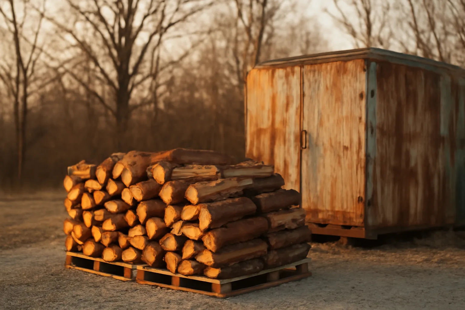 Split oak stacked by a steel kiln on a rural Arkansas lot
