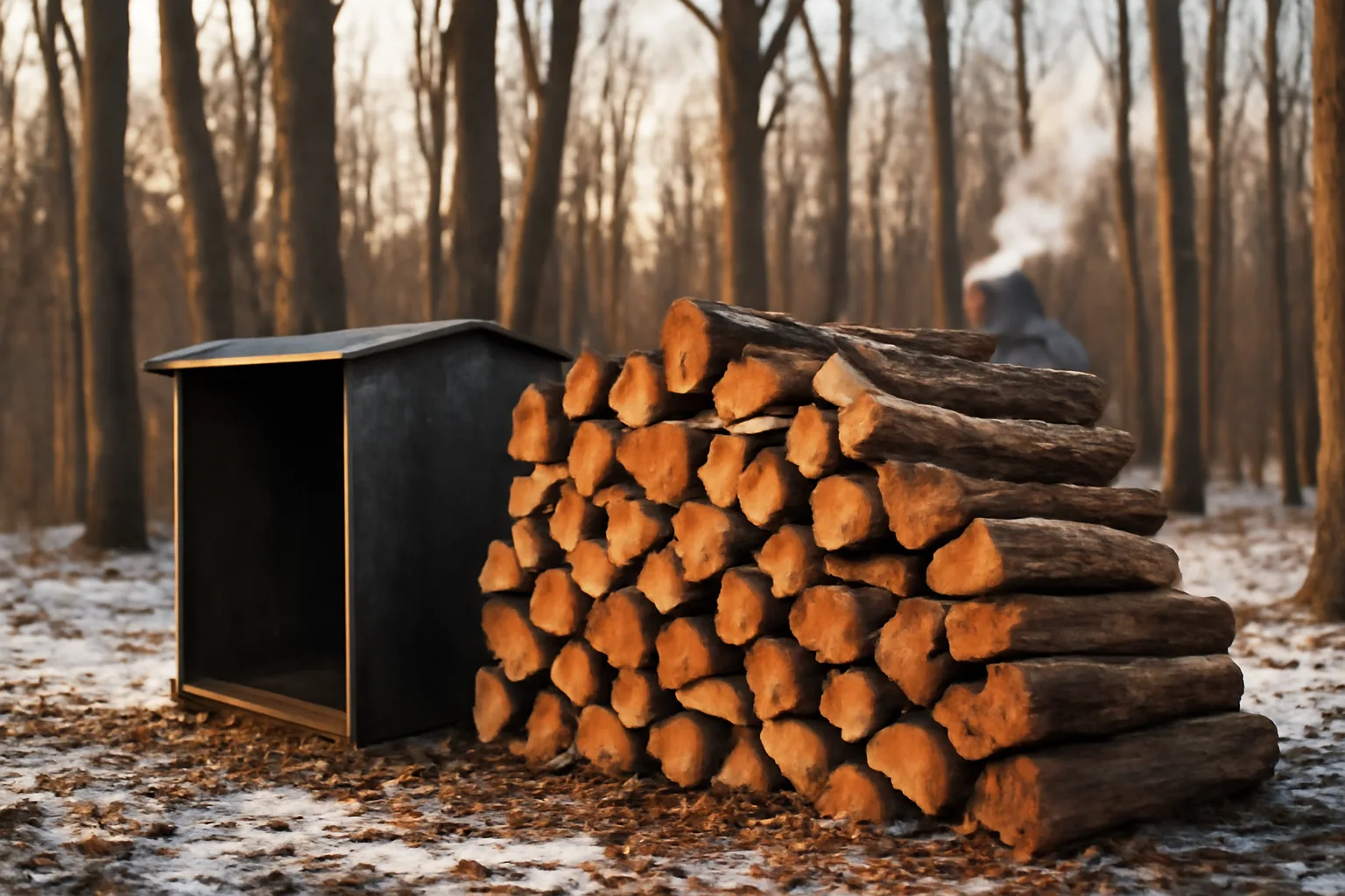 Split oak stacked by a kiln on a snowy Connecticut woodlot
